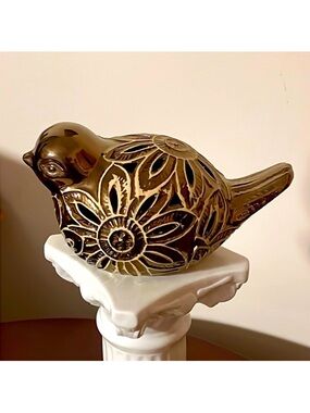 Vintage Ceramic Charming Bronze and White Bird Figurine Sachel, Reticulated Art